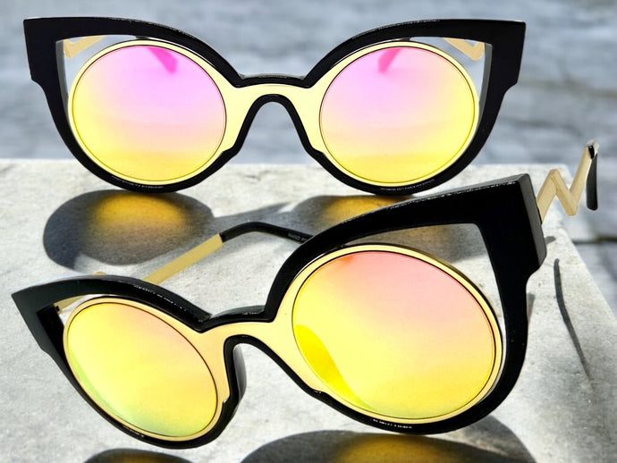 Classic Vintage Retro Cat Eye Style SUNGLASSES Funky Black Frame - Pink Lens 1737