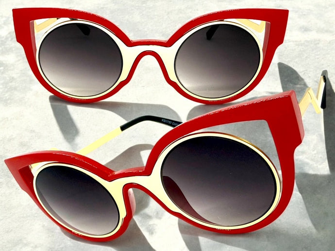 Classic Vintage Retro Cat Eye Style SUNGLASSES Funky Red & Gold Frame 1737