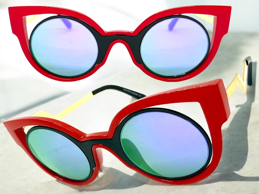 Classic Vintage Retro Cat Eye Style SUNGLASSES Funky Red Frame - Purple Lens 1737