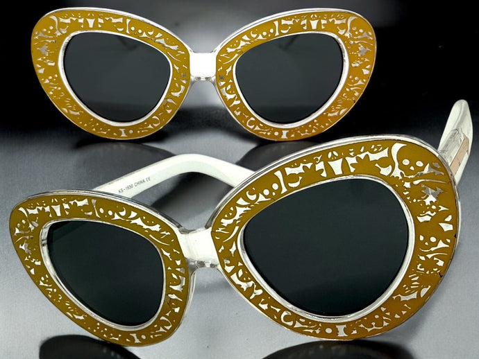 Exaggerated Classic Vintage Retro Cat Eye Style SUNGLASSES Funky Clear & Gold Frame 1650