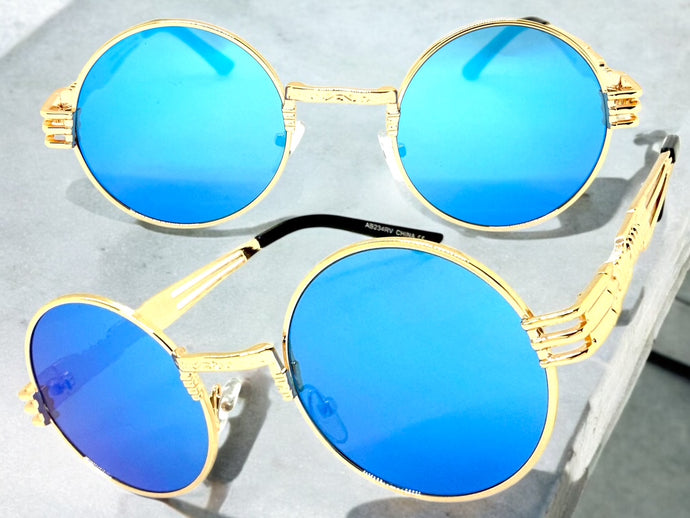 Classic Vintage Retro Style SUNGLASSES Round Gold Frame - Blue Lens 2341