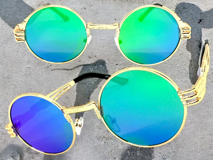Classic Vintage Retro Style SUNGLASSES Round Gold Frame - Green Lens 2341