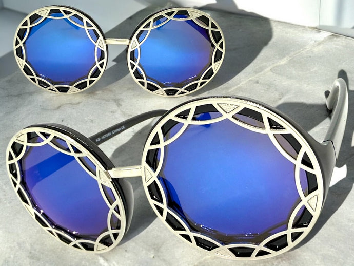Oversized Exaggerated Vintage Retro Style SUNGLASSES Large Round Black Frame - Blue Lens 1670