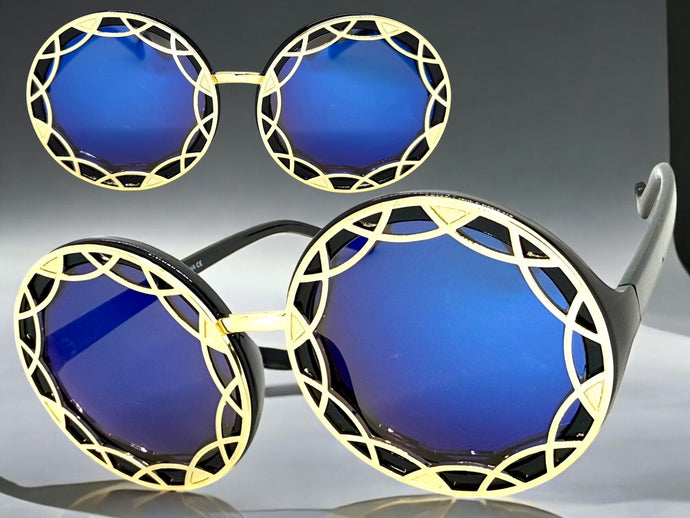 Oversized Exaggerated Vintage Retro Style SUNGLASSES Large Round Black Frame - Blue Lens 1670