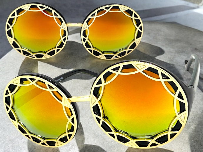 Oversized Exaggerated Vintage Retro Style SUNGLASSES Large Round Black Frame - Gold Lens 1670