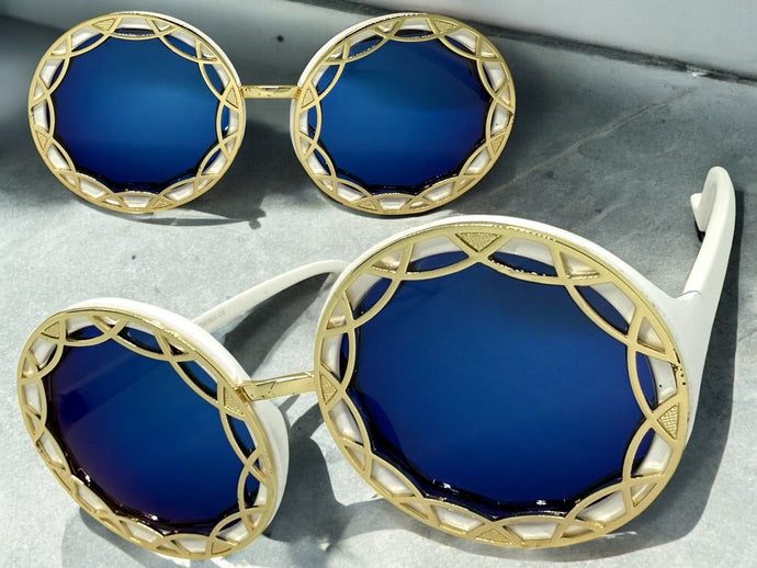 Oversized Exaggerated Vintage Retro Style SUNGLASSES Large Round White Frame - Blue Lens 1670