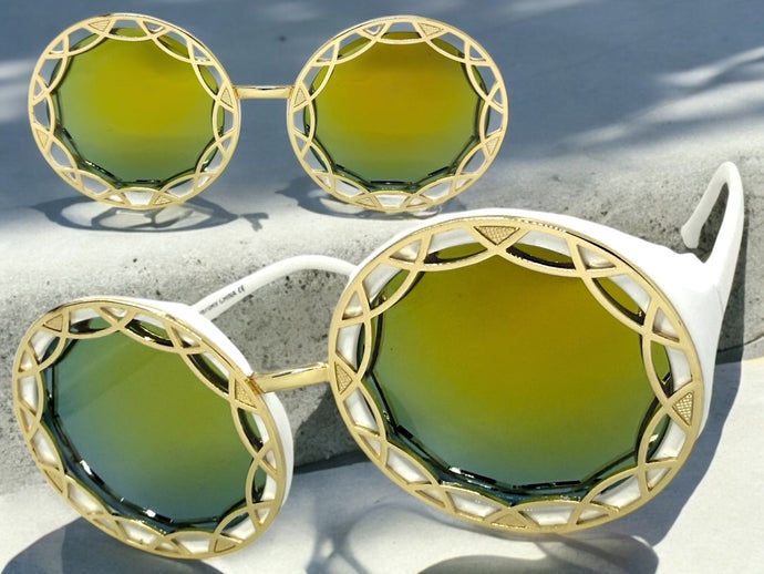 Oversized Exaggerated Vintage Retro Style SUNGLASSES Large Round White Frame - Gold Lens 1670