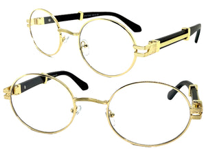 Classic Retro Luxury Designer Hip Hop Style Clear Lens EYEGLASSES Oval Gold Frame - Faux Wooden Arms 27723