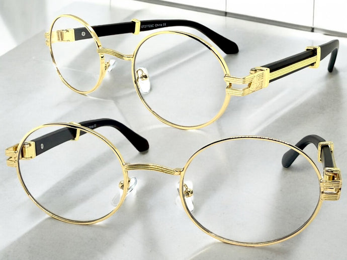 Classic Retro Luxury Designer Hip Hop Style Clear Lens EYEGLASSES Oval Gold Frame - Faux Wooden Arms 27723