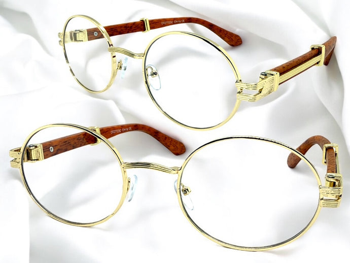 Classic Retro Luxury Designer Hip Hop Style Clear Lens EYEGLASSES Oval Gold Frame - Faux Wooden Arms 27723