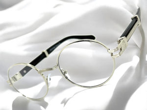 Classic Retro Luxury Designer Hip Hop Style Clear Lens EYEGLASSES Oval Silver Frame - Faux Wooden Arms 27723