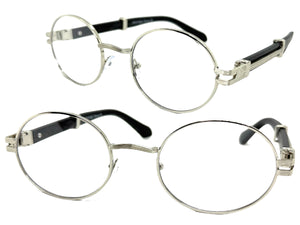 Classic Retro Luxury Designer Hip Hop Style Clear Lens EYEGLASSES Oval Silver Frame - Faux Wooden Arms 27723