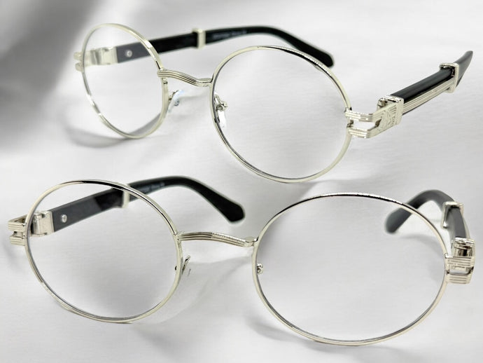Classic Retro Luxury Designer Hip Hop Style Clear Lens EYEGLASSES Oval Silver Frame - Faux Wooden Arms 27723