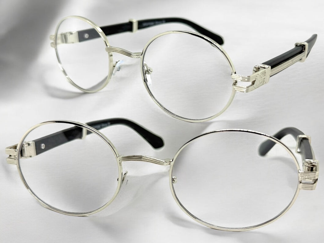 Classic Retro Luxury Designer Hip Hop Style Clear Lens EYEGLASSES Oval Silver Frame - Faux Wooden Arms 27723