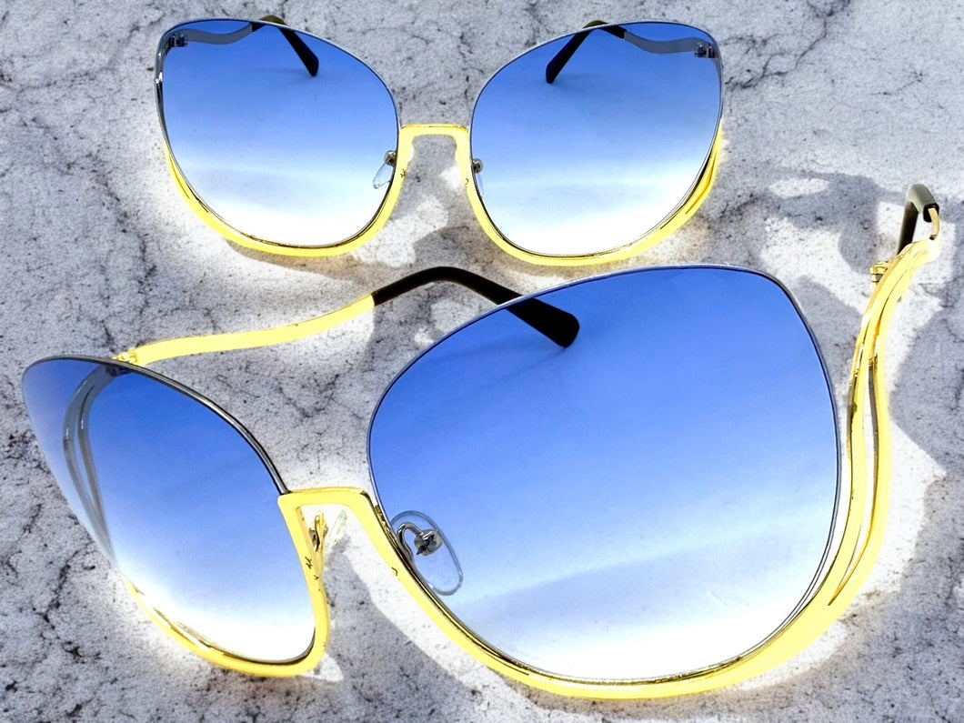 Oversized Exaggerated Classic Vintage Retro Style SUNGLASSES Large Gold Frame - Blue Lens A315
