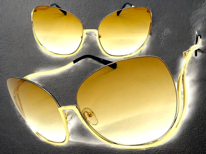 Oversized Exaggerated Classic Vintage Retro Style SUNGLASSES Large Gold Frame - Blue Lens A315
