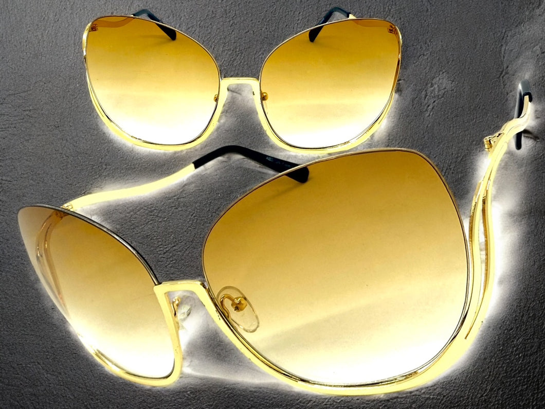 Oversized Exaggerated Classic Vintage Retro Style SUNGLASSES Large Gold Frame - Blue Lens A315
