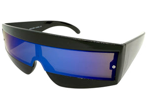 Space Futuristic Robotic Cyclops Shield Costume Party SUNGLASSES Black Frame - Blue Lens K019