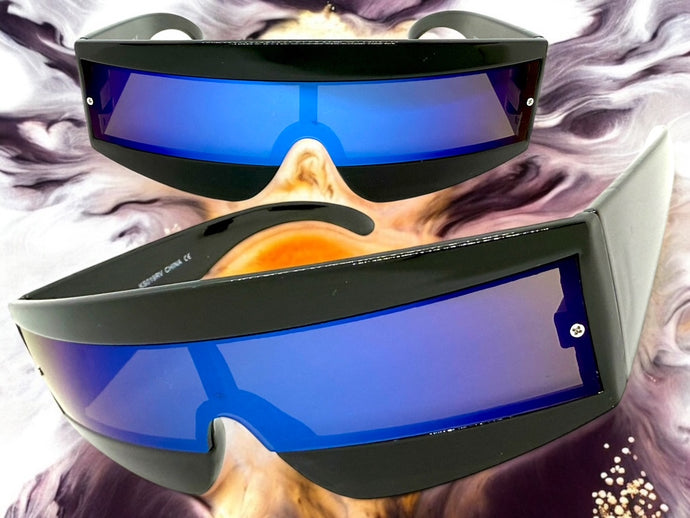 Space Futuristic Robotic Cyclops Shield Costume Party SUNGLASSES Black Frame - Blue Lens K019
