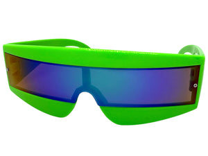 Space Futuristic Robotic Cyclops Shield Costume Party SUNGLASSES Neon Green Frame - Blue Lens K019