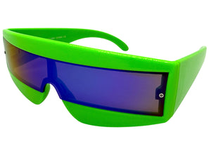 Space Futuristic Robotic Cyclops Shield Costume Party SUNGLASSES Neon Green Frame - Blue Lens K019