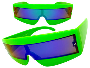 Space Futuristic Robotic Cyclops Shield Costume Party SUNGLASSES Neon Green Frame - Blue Lens K019