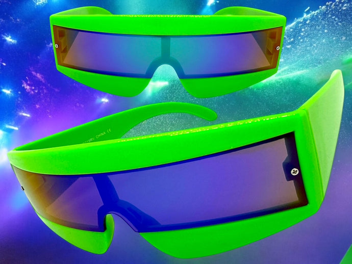 Space Futuristic Robotic Cyclops Shield Costume Party SUNGLASSES Neon Green Frame - Blue Lens K019