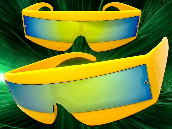 Space Futuristic Robotic Cyclops Shield Costume Party SUNGLASSES Yellow Frame - Gold Lens K019