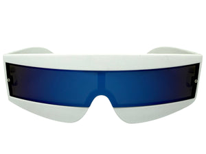 Space Futuristic Robotic Cyclops Shield Costume Party SUNGLASSES White Frame - Blue Lens K019