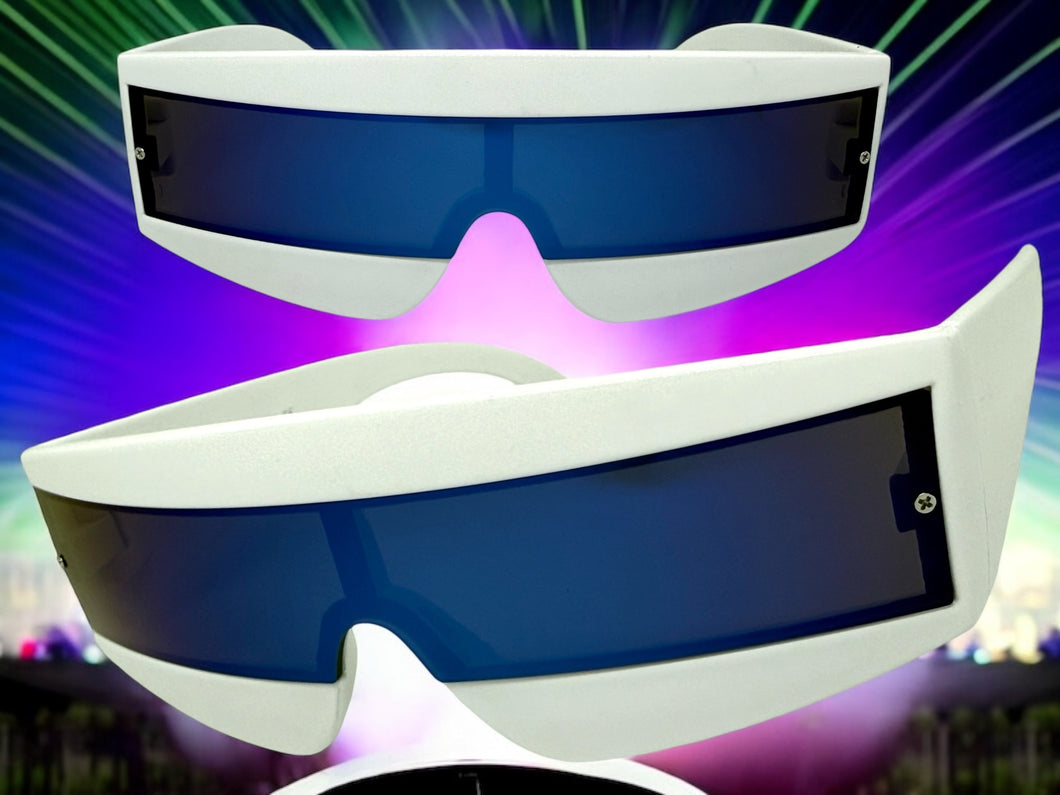 Space Futuristic Robotic Cyclops Shield Costume Party SUNGLASSES White Frame - Blue Lens K019