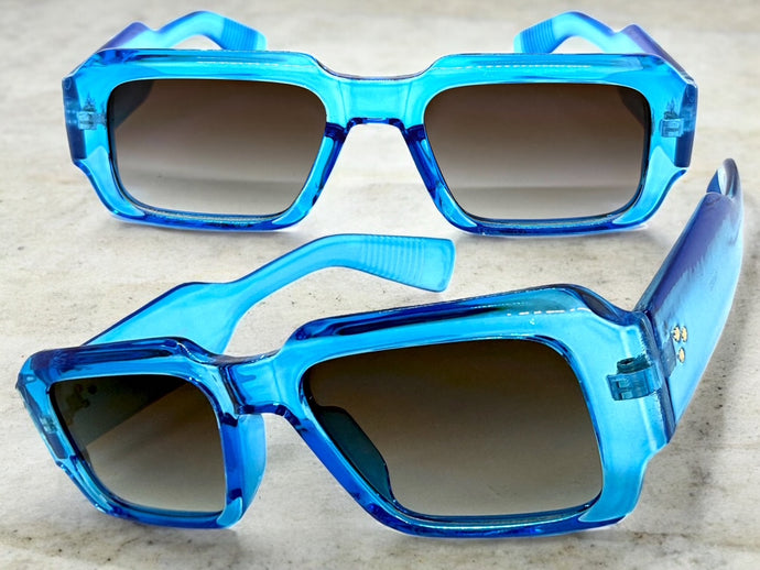 Classic Vintage Retro Style SUNGLASSES Thick Square Blue Frame - Gray Lens 74002