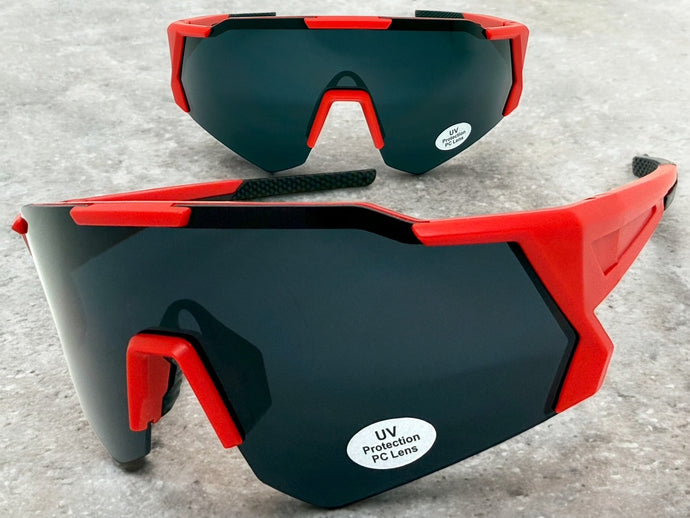 Oversized Retro Sporty Wrap Around Shield Style SUNGLASSES Large Red Frame - Dark Lens 5331