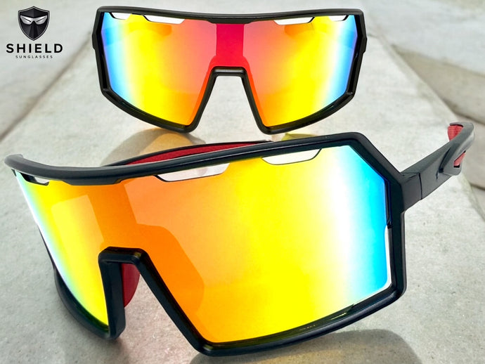Oversized Retro Sporty Wrap Around Shield Style SUNGLASSES Large Black Frame - Gold Lens 5314