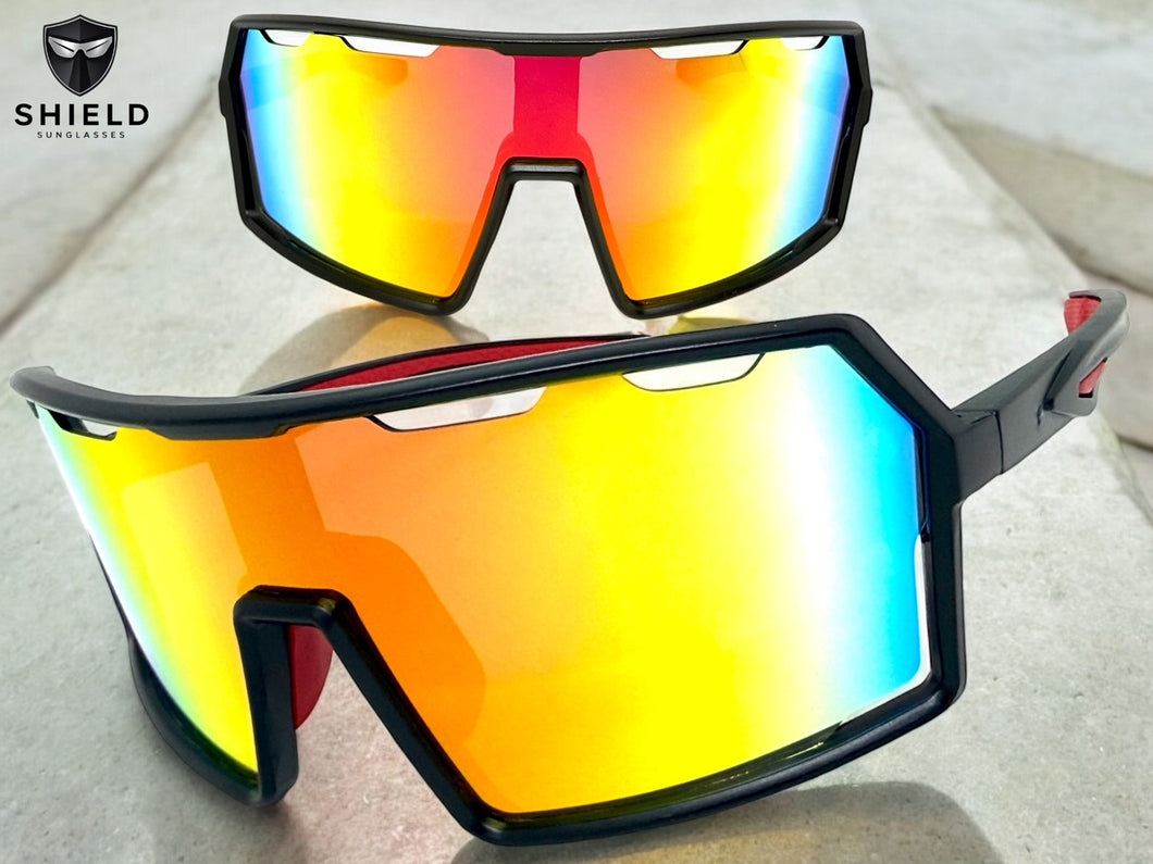 Oversized Retro Sporty Wrap Around Shield Style SUNGLASSES Large Black Frame - Gold Lens 5314