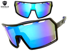 Oversized Retro Sporty Wrap Around Shield Style SUNGLASSES Large Black Frame - Blue Lens 5314
