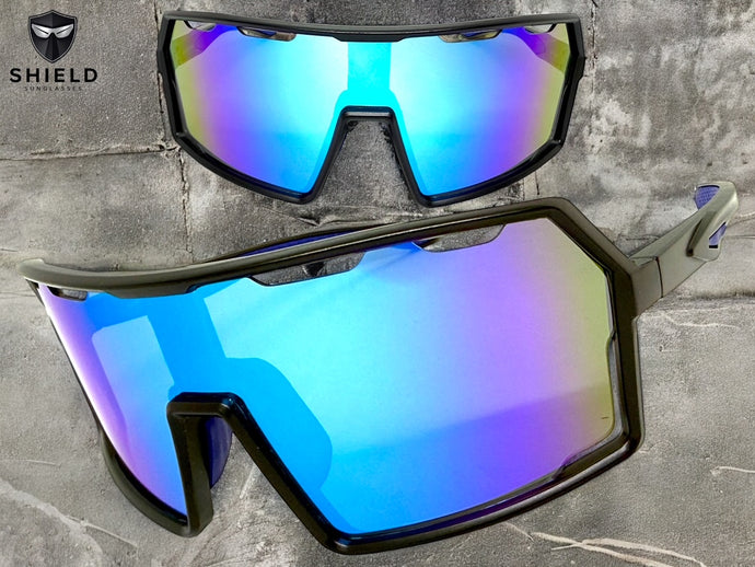 Oversized Retro Sporty Wrap Around Shield Style SUNGLASSES Large Black Frame - Blue Lens 5314