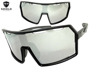 Oversized Retro Sporty Wrap Around Shield Style SUNGLASSES Large Black Frame - Silver Lens 5314