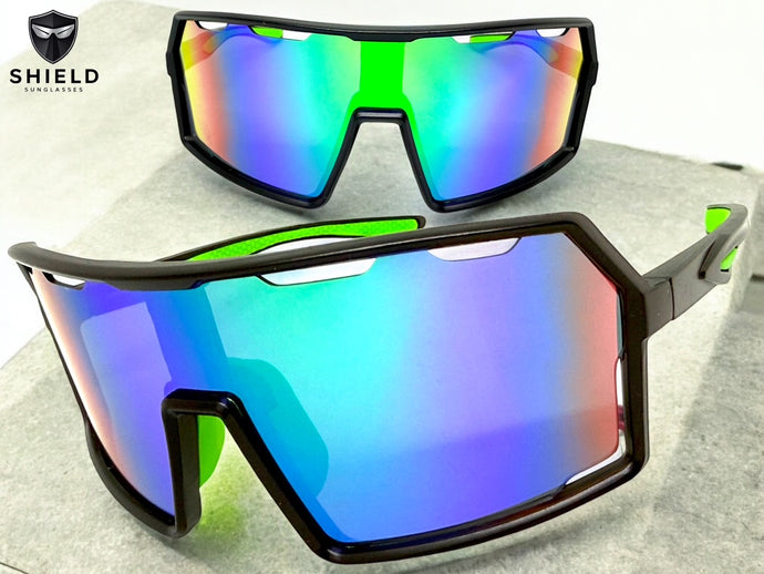 Oversized Retro Sporty Wrap Around Shield Style SUNGLASSES Large Black Frame - Green Lens 5314