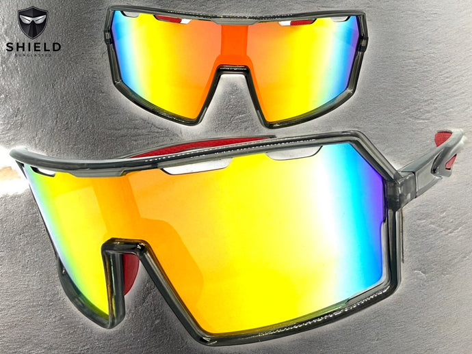 Oversized Retro Sporty Wrap Around Shield Style SUNGLASSES Large Gray Frame - Gold Lens 5314
