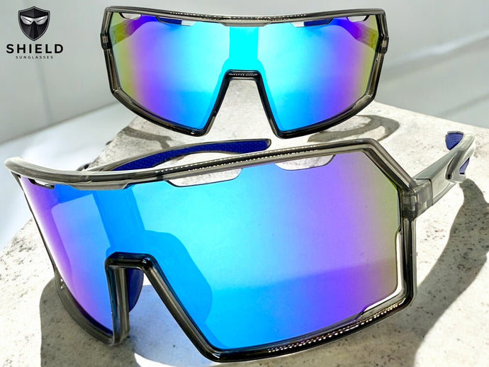 Oversized Retro Sporty Wrap Around Shield Style SUNGLASSES Large Gray Frame - Blue Lens 5314