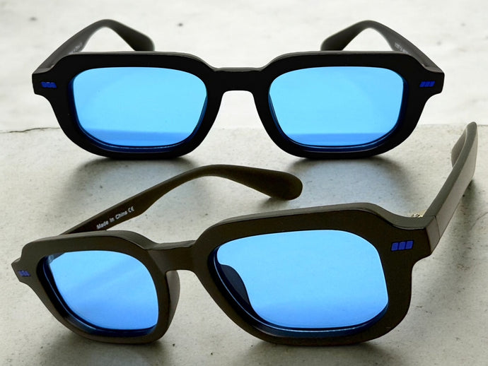 Classic Vintage Retro Style SUNGLASSES Geometric Matte Black Frame - Blue Lens 1257