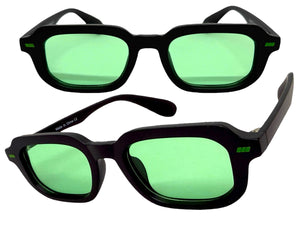Classic Vintage Retro Style SUNGLASSES Geometric Matte Black Frame - Green Lens 1257