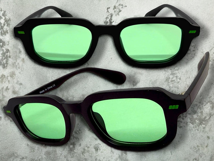 Classic Vintage Retro Style SUNGLASSES Geometric Matte Black Frame - Green Lens 1257