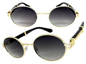 Classic Vintage Retro Hip Hop Style SUNGLASSES Oval Gold & Faux Wood Frame 27723