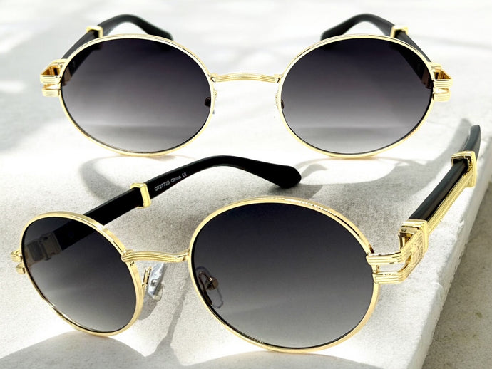 Classic Vintage Retro Hip Hop Style SUNGLASSES Oval Gold & Faux Wood Frame 27723