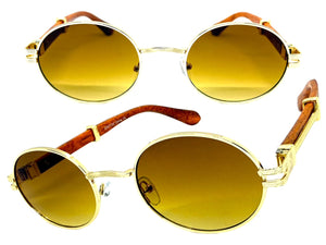 Classic Vintage Retro Hip Hop Style SUNGLASSES Oval Gold & Faux Wood Frame 27723