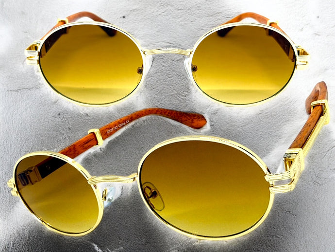 Classic Vintage Retro Hip Hop Style SUNGLASSES Oval Gold & Faux Wood Frame 27723
