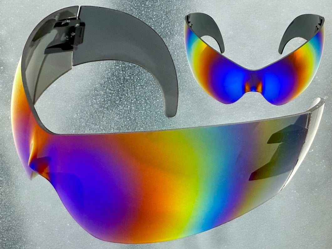 Oversized Space Futuristic Robotic Cyclops Shield Costume Party SUNGLASSES Huge Blue & Gold Lens 2170