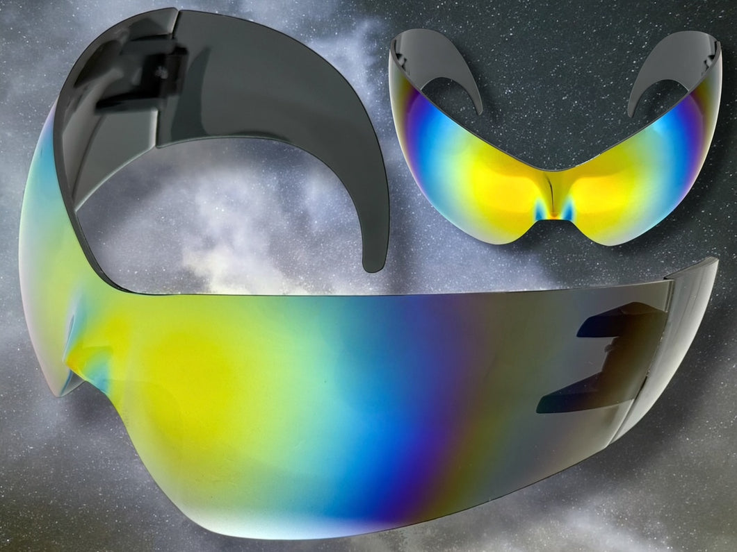 Oversized Space Futuristic Robotic Cyclops Shield Costume Party SUNGLASSES Huge Gold Lens 2170