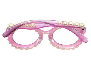 Oversized Vintage Retro Style Clear Lens EYEGLASSES Large Round Pink Frame with Pearls P0255